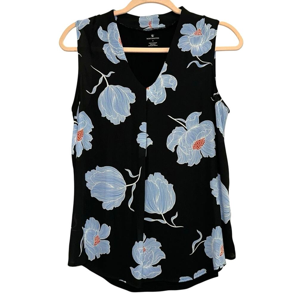 Worthington Sleeveless Blouse Small Black Blue Floral V-Neck Work Office Top